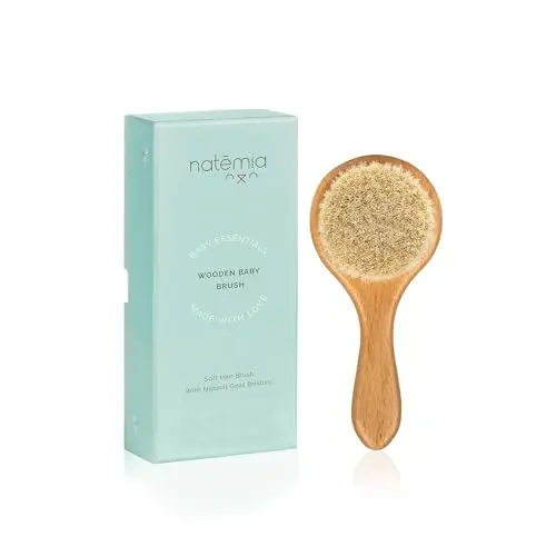 Natemia round wooden baby hair brush with natural goat hair bristles
