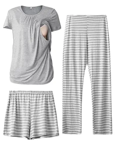 SUNNYBUY 3-piece maternity pajama set with a nursing top, shorts, and long pants.