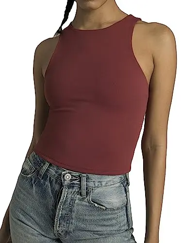 Colorfulkoala Body Contour Tank in Rose Red, showing high crew neck and crop length