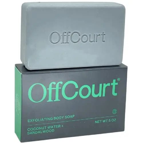 OffCourt Exfoliating Bar Soap in packaging, showing a textured bar with coconut water and sandalwood scent