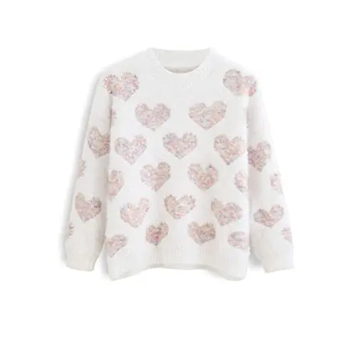 Chicwish women's fuzzy pink heart pearl trim knit sweater pullover