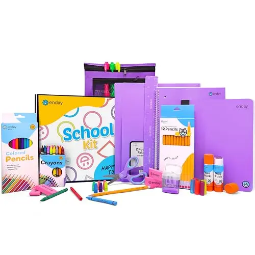 Enday purple school supply box with pencils, folders, crayons, and a pencil pouch