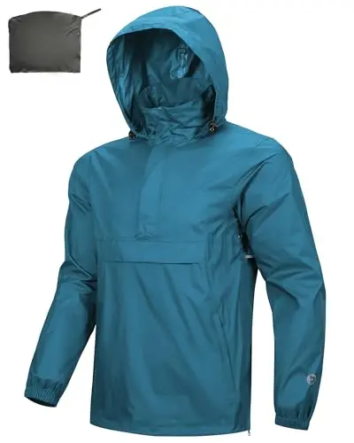 Outdoor Ventures men's waterproof rain pullover with reflective strip, shown for hiking or running