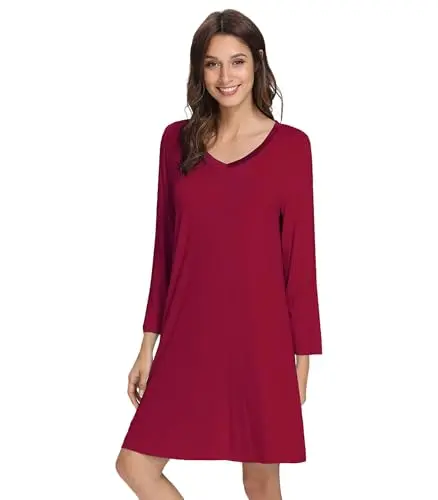 WiWi long sleeve satin V-neck nightgown in wine red