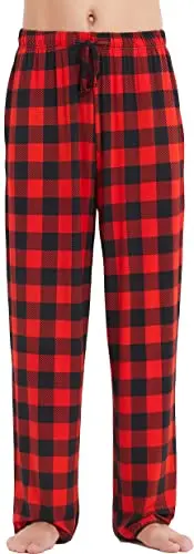 GYS Bamboo Viscose Mens Plaid Pajama Pants in Red Plaid