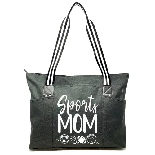 Canvas tote bag with baseball design, front slash pocket, and side water bottle pockets.