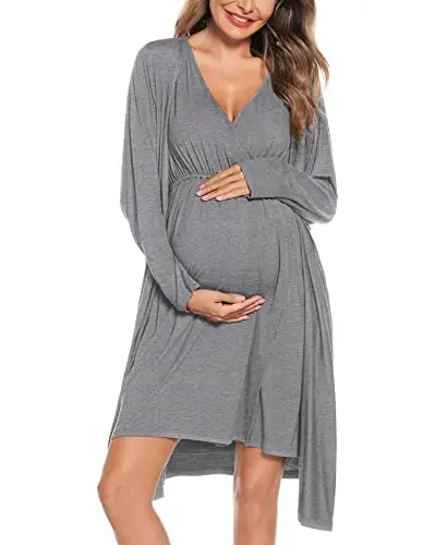 SWOMOG maternity nightgown and matching long-sleeve robe set in a solid color.