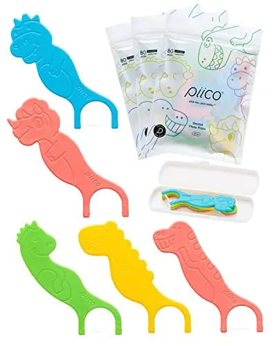 Piico unflavored dual-line kids floss picks with dinosaur design
