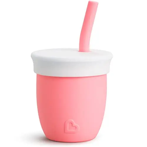 Munchkin coral pink silicone open training cup with straw insert