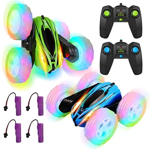 FunsLane two-pack of blue and green RC stunt cars with glowing wheels