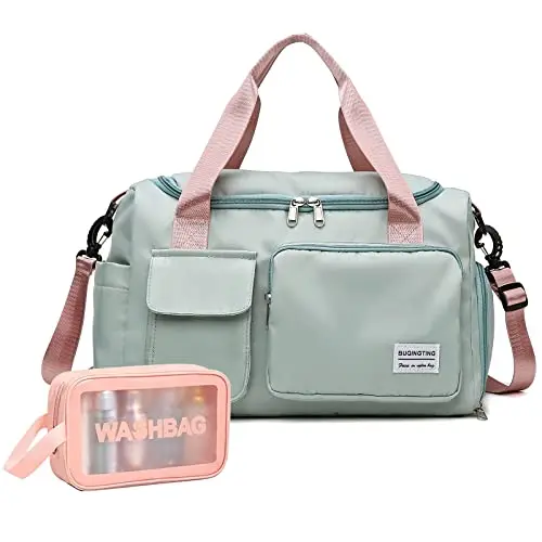 BEULPTN green gym duffel bag with a separate matching toiletry bag.