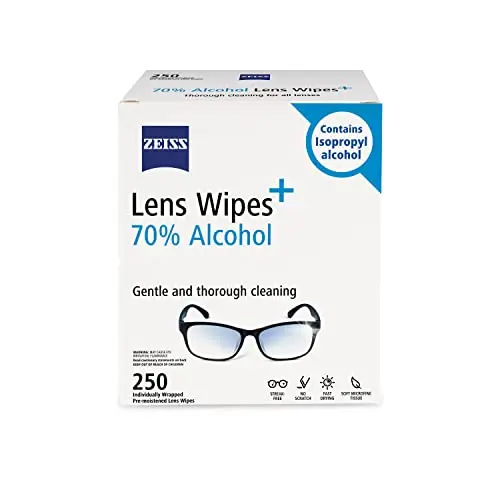 ZEISS lens cleaning wipes box with 250 individually wrapped wipes