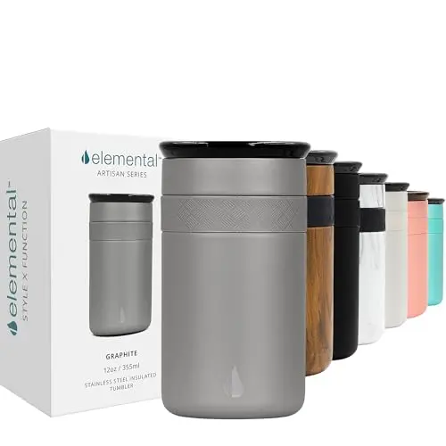 Elemental Artisan 12 oz tumbler in graphite with ceramic lid, perfect for smaller portions