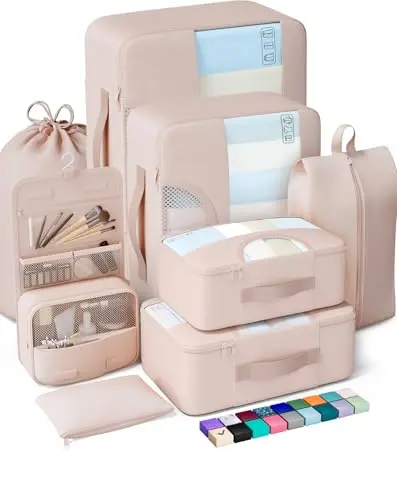 Veken set of packing cubes, toiletry bag, and laundry bag in cream color