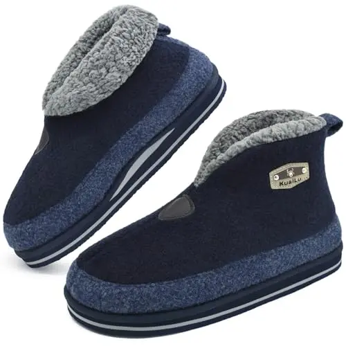 KuaiLu Men's Slippers Booties in blue with fleece lining and non-slip sole