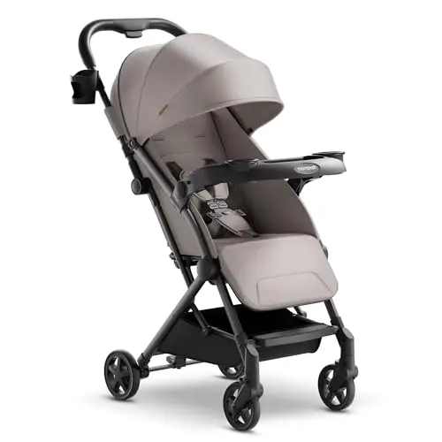 Mompush Lithe V2 stroller in Khaki with snack tray attached