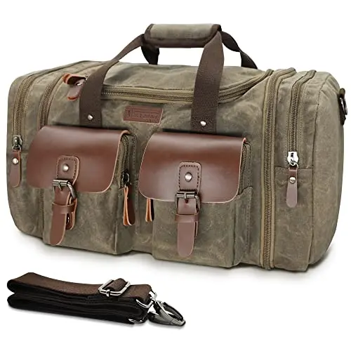 Wildroad vintage-style waxed canvas duffle bag with leather accents