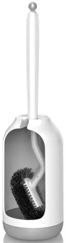 HAMITOR white toilet brush with S-shaped curved bristles and matching holder