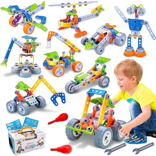 10-in-1 STEM building kit showing models of a crane, helicopter, and race car