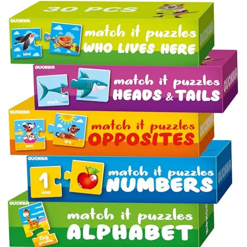 Quokka 5X MEGASET toddler matching puzzles with numbers, animals, and ABC themes