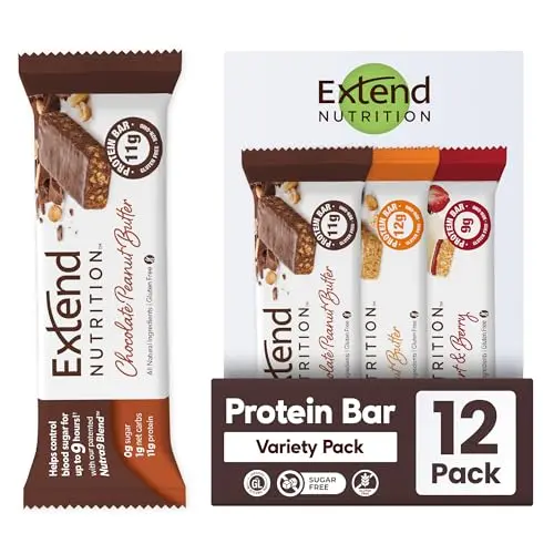 Extend Nutrition Sugar Free Protein Bars variety pack box with multiple bar flavors.