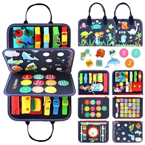 Qizfun Montessori Busy Board with zippers, gears, and learning games