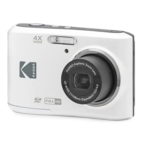 White Kodak Pixpro FZ45 digital camera with its lens extended, on a plain background