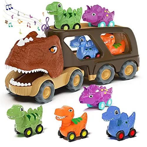 Green dinosaur-themed friction-powered truck carrying four small dinosaur cars