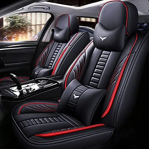 PongChan black and red line seat covers with headrest pillows for Jeep Wrangler Unlimited