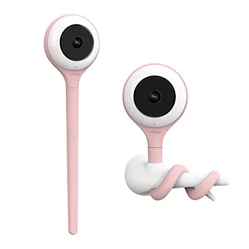 Lollipop Baby Camera Monitor in pink cotton candy color, with a Bluetooth environmental sensor