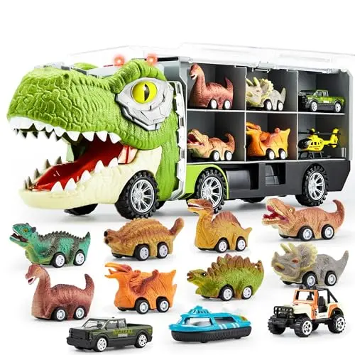 JOYIN large dinosaur transport truck with lights, sounds, and multiple small pull-back cars