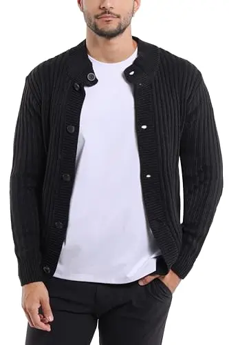 X RAY men's button down cardigan in black, slim mock neck with ribbed cuffs