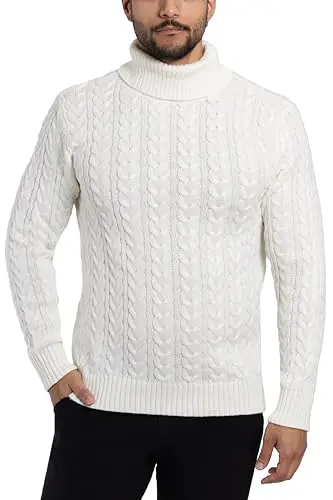 X RAY men's turtleneck sweater in cream color, chunky cable knit design with slim fit