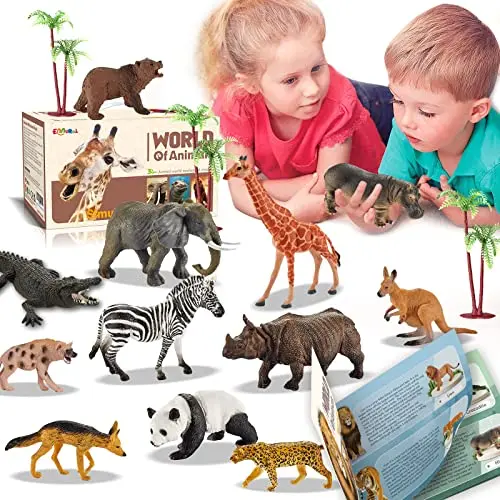 Collection of 24 realistic plastic safari animal figurines including elephants, giraffes, and lions, with trees and a storage box