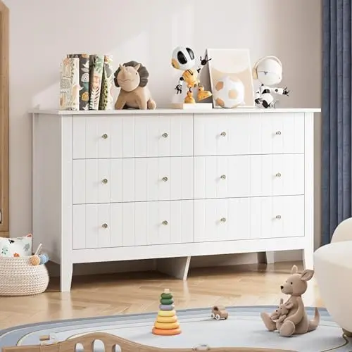 FOTOSOK modern white six-drawer dresser with bronzed handles and tapered legs