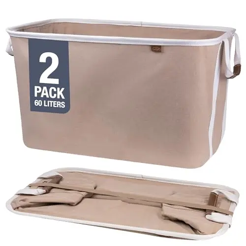Two CleverMade mocha brown collapsible laundry baskets sitting side by side.