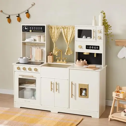 Tiny Land modern wooden play kitchen with gold finishes and multiple features