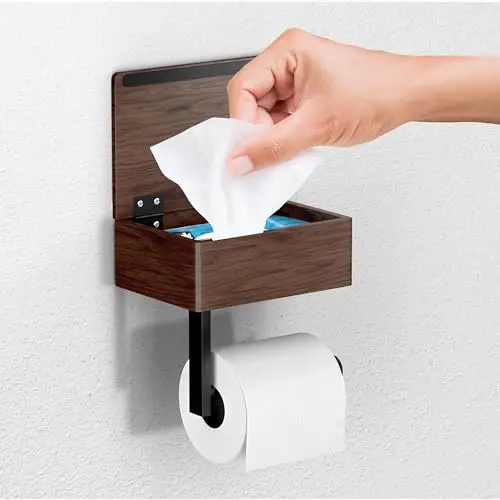 Day Moon Designs Toilet Paper Holder with Shelf mounted on a bathroom wall