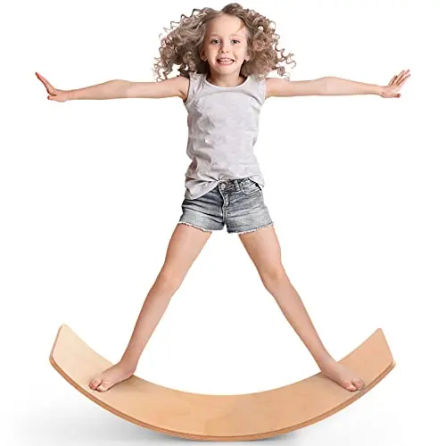 PLAY-IN-JOY natural wooden wobble balance board with layered construction