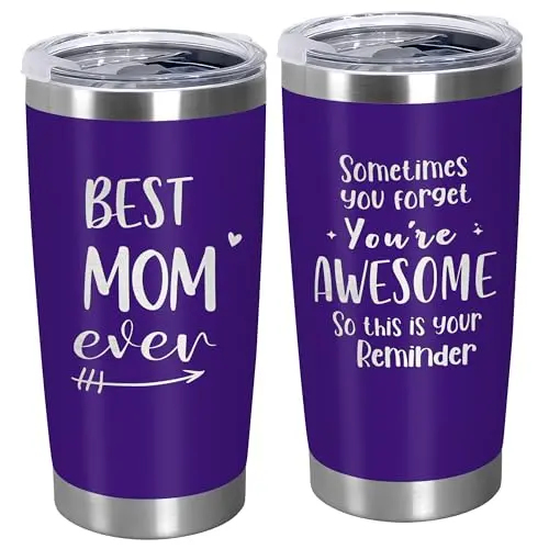 Purple stainless steel tumbler with 'Best Mom Ever' text on a kitchen table