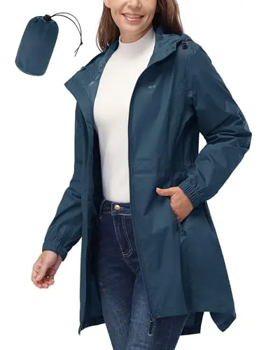 33,000ft women's long, packable raincoat in a neutral color, featuring a hood and waist drawstring.