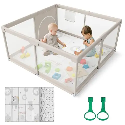 ZEEBABA baby playpen with included foam play mat, set up in a nursery