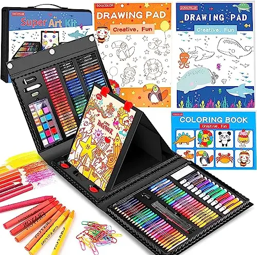 Soucolor 283 piece deluxe art set with a built-in trifold easel, crayons, pastels, and pads