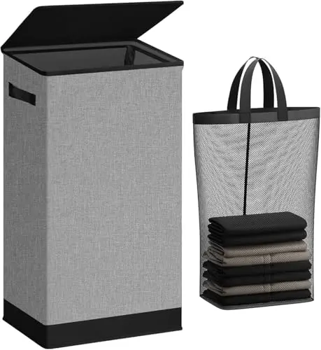 Tall SOLEDI laundry hamper with a grey lid and removable inner mesh bag.
