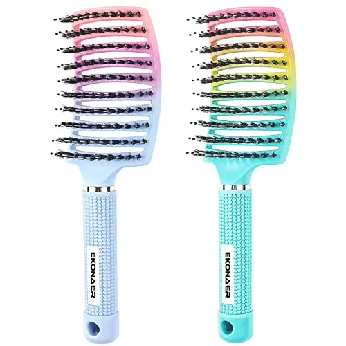 EKONAER two-pack detangling brush with boar bristle and nylon pins in gradient blue and green
