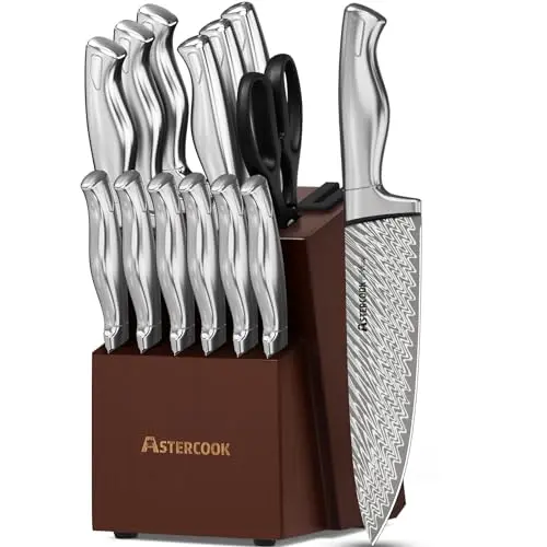 Astercook 15-piece knife set with acacia wood block and laser-pattern blades