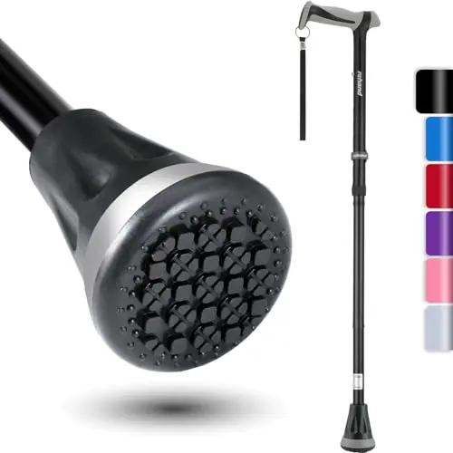 REHAND folding walking cane with pivoting, shock-absorbing base