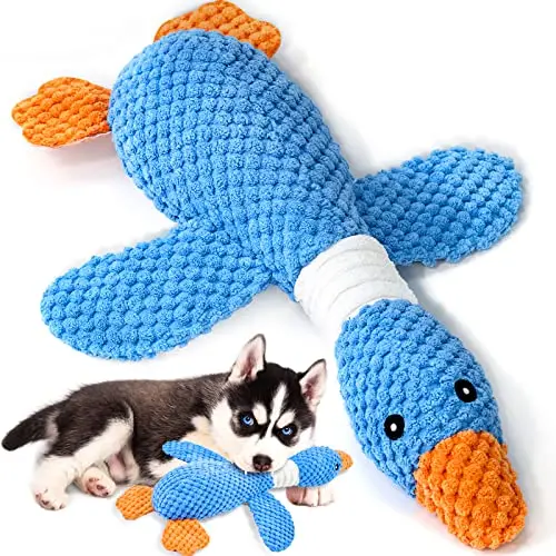 Blue goose plush dog toy with pineapple plaid pattern