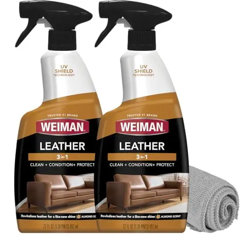 Weiman leather cleaner and conditioner spray bottles with microfiber towel
