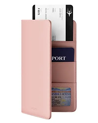 VULKIT nappa leather bifold travel wallet, open to show card slots, ID window, and passport pocket.